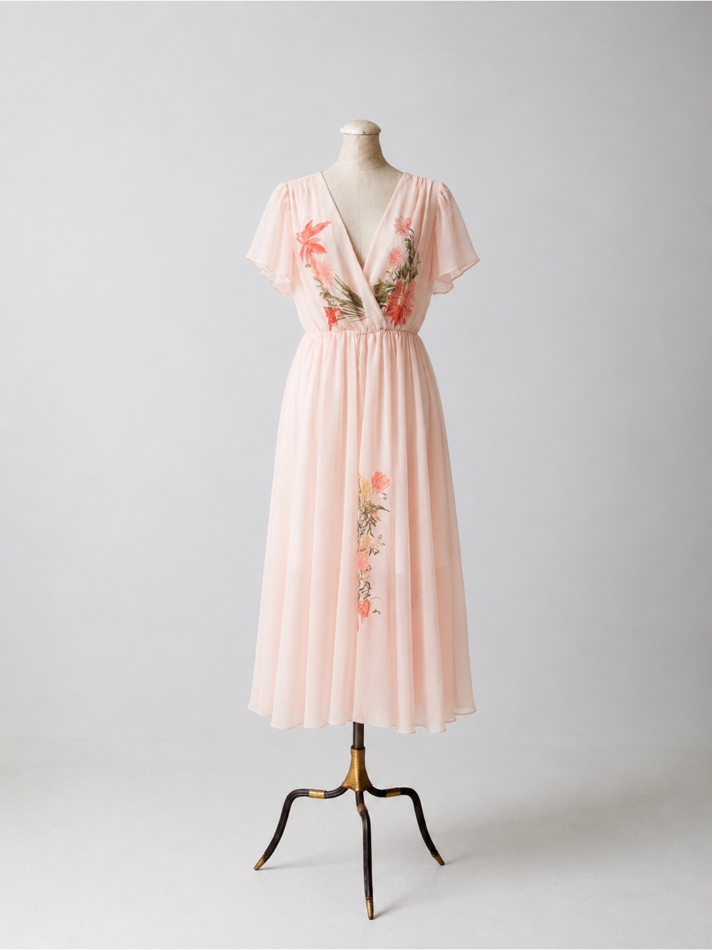 Blush Pink Floral Midi Dress - Feminine V-Neck